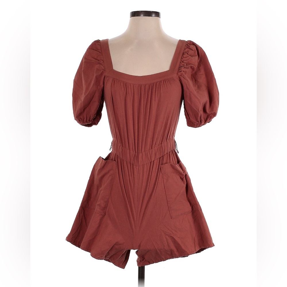 Linen puff sleeve romper in rust Terracotta color